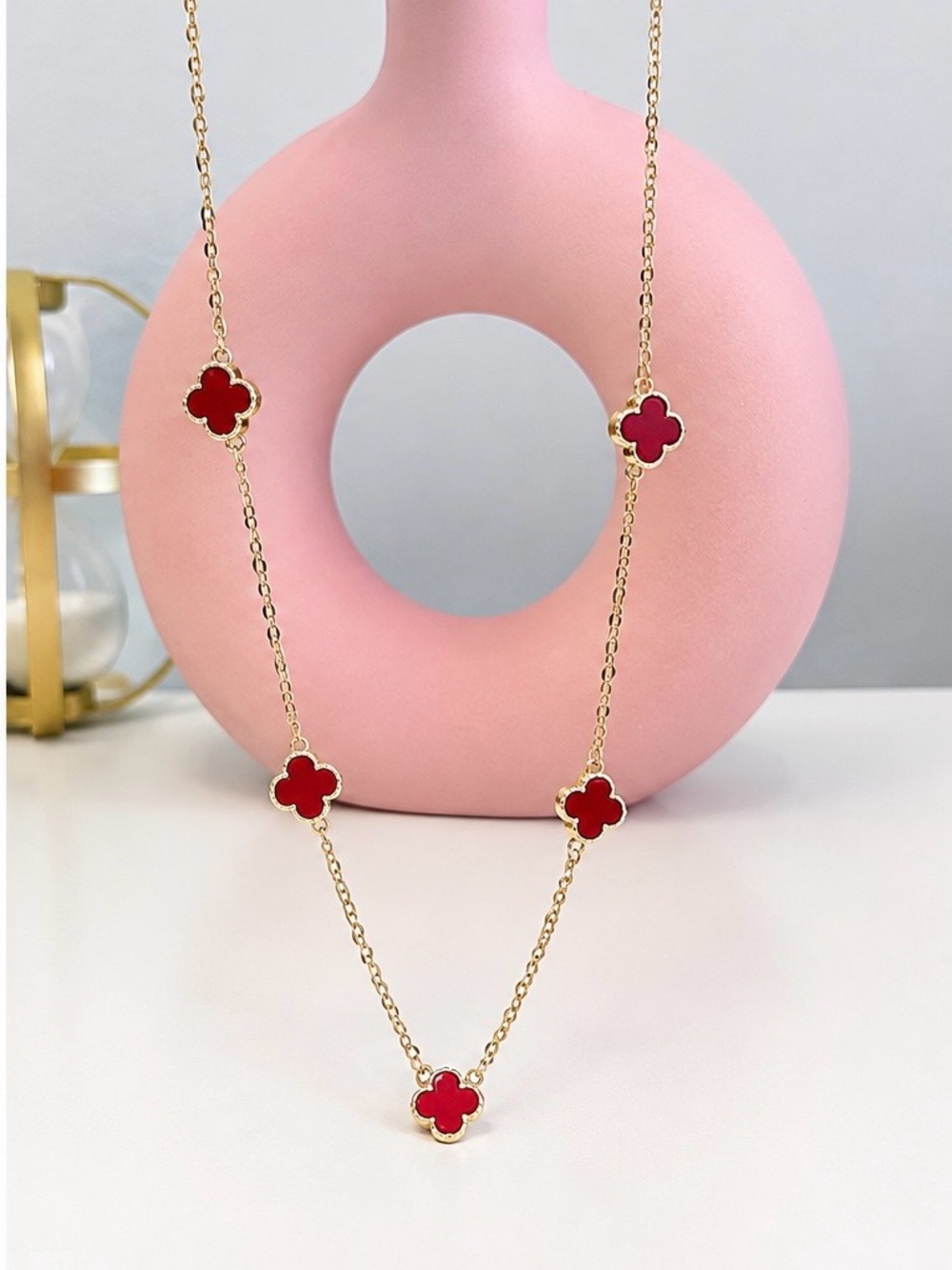 Gold Chain Necklace with Red Clover Accents - Women Jewelry
